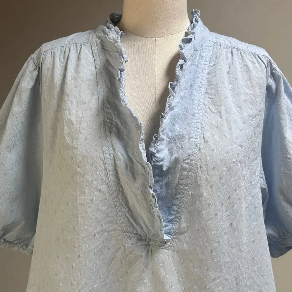 Anthro Anthropologie Cotton Peasant Blouse Puff Sleeve Ruffle Cottagecore Blue M